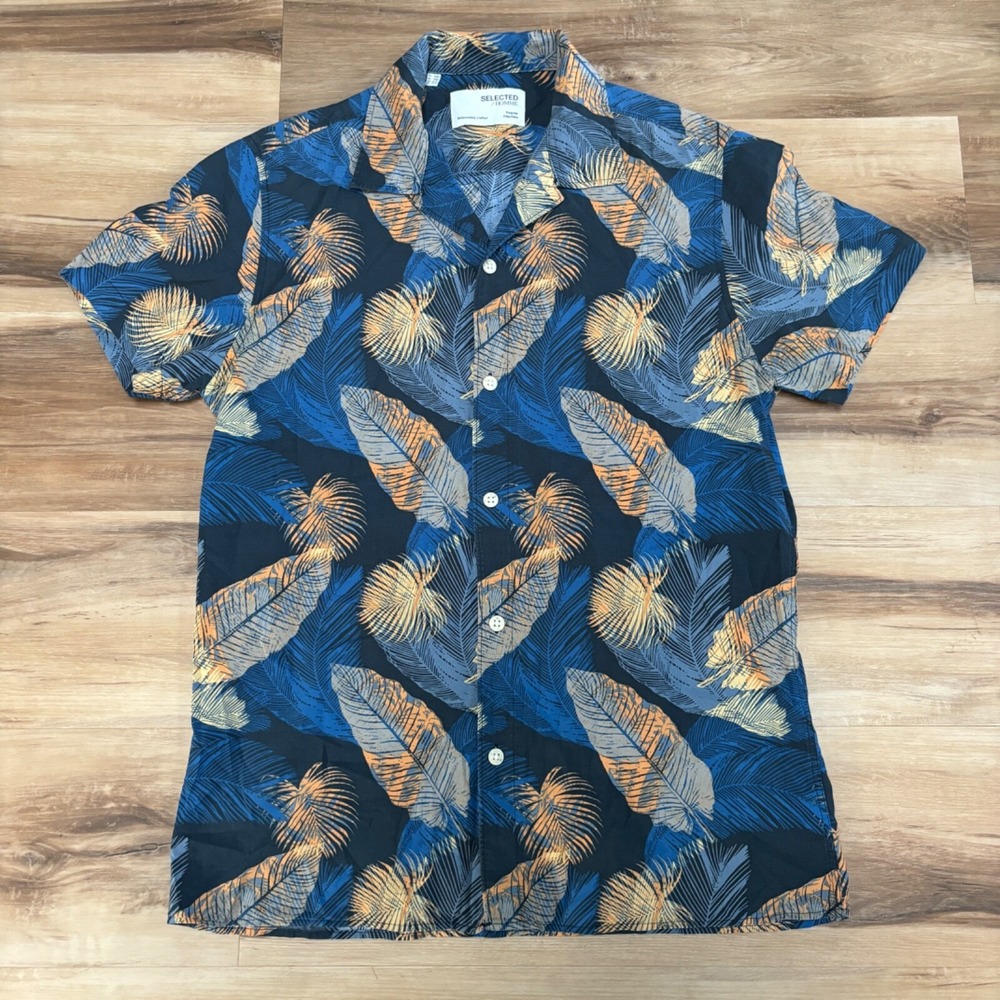 Selected Homme Shirt Mens Medium Tropical Leaf Cotton Camp Collar Regular Blue